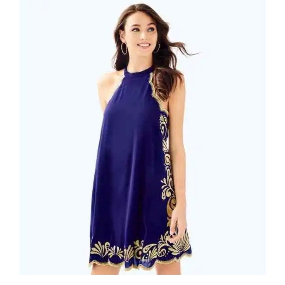 Lilly Pulitzer Quinn Dress Navy and Gold XL